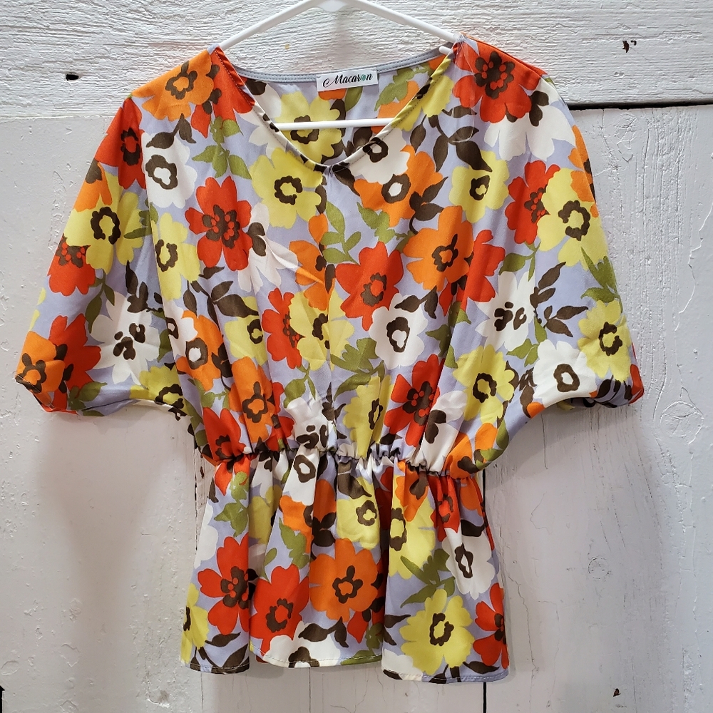 MACARON Orange Yellow Floral Short Sleeve Blouse